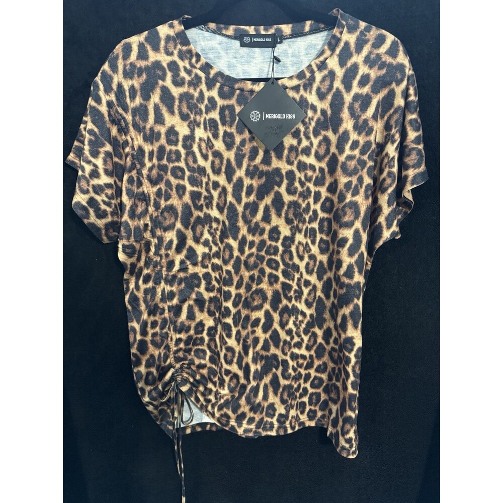 Merigold Kiss Brown Black Leopard Animal Print Drawstring Round Neck Tee L